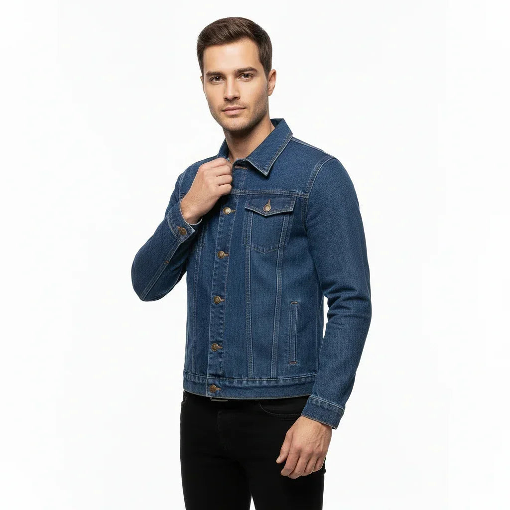 Man wearing a blue denim jacket on a white background