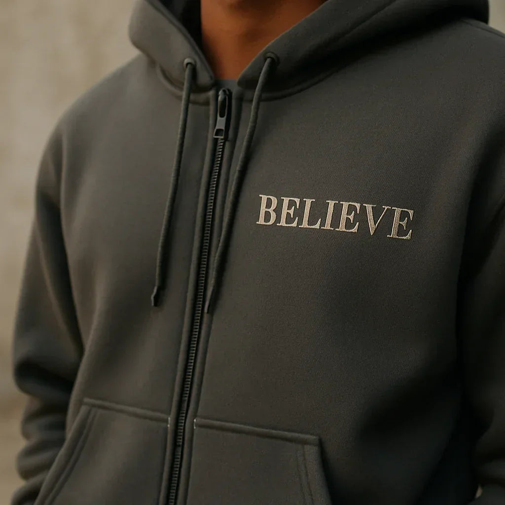 Dark gray hoodie with 'BELIEVE' text on a neutral background