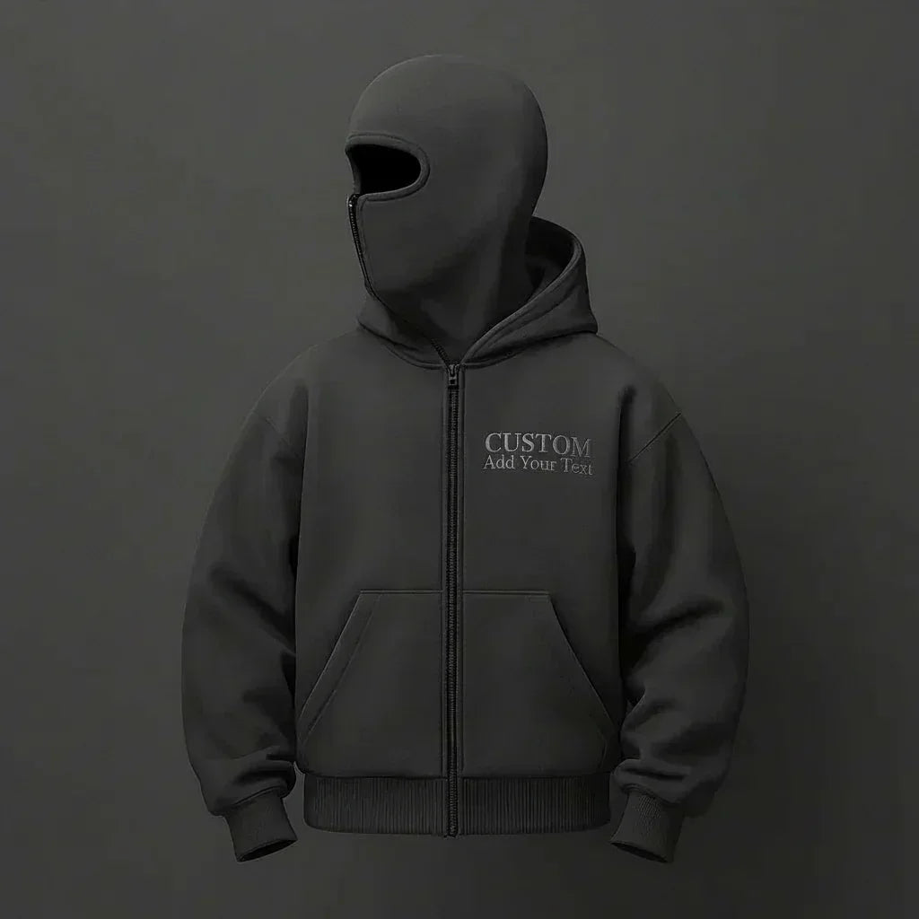 Dark Gray Men's hoodie with 'CUSTOM Add Your Text' on a dark background