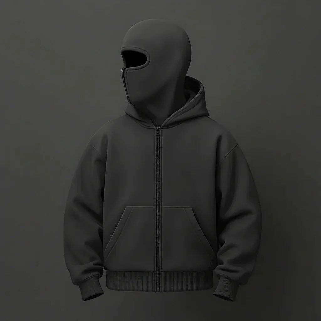 Dark Gray hoodie with Balaclava on a dark background