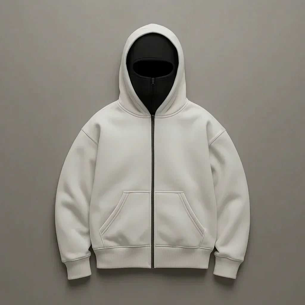 White hoodie with Balaclava on a Gray background