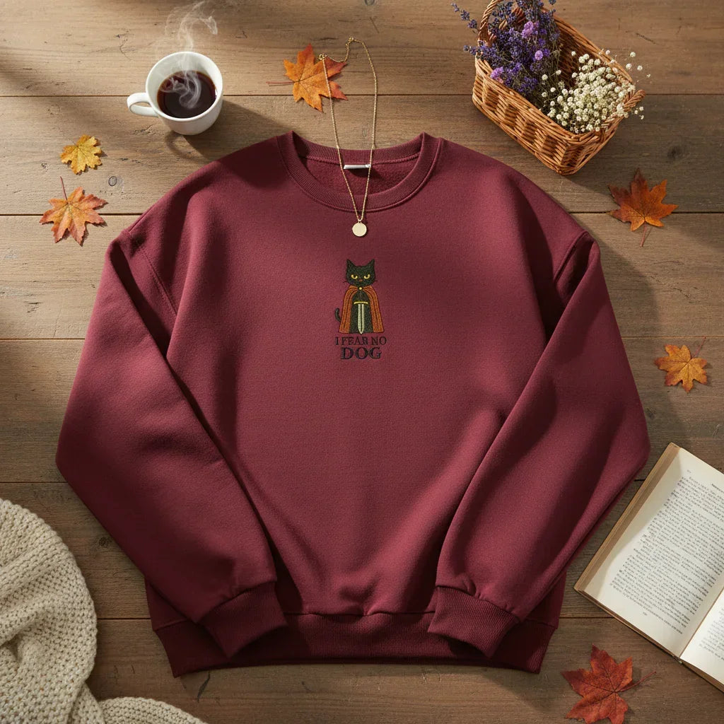 Maroon sweatshirt with a cat graphic on a white background