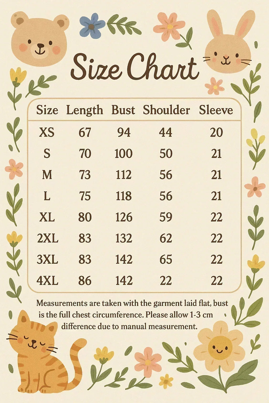 Size chart with cartoon animals and floral elements on a beige background