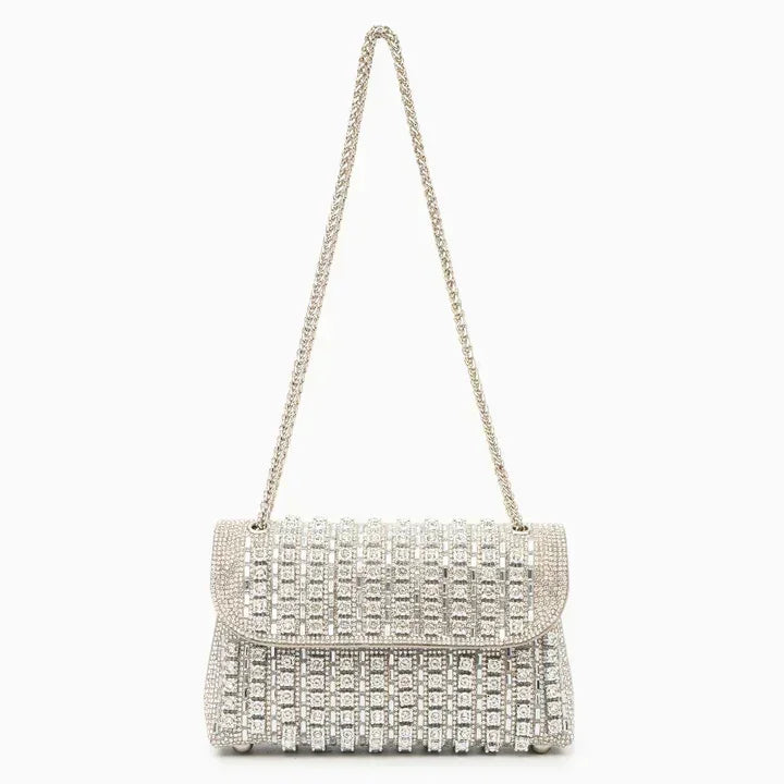 Silver crystal embellished evening bag with chain strap on white background