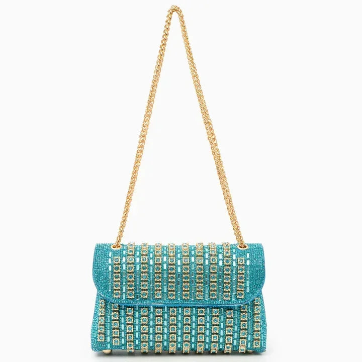 Turquoise beaded clutch bag with gold chain strap and rhinestone embellishments