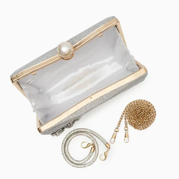 Open silver glitter clutch purse with pearl clasp, gold and silver detachable chains