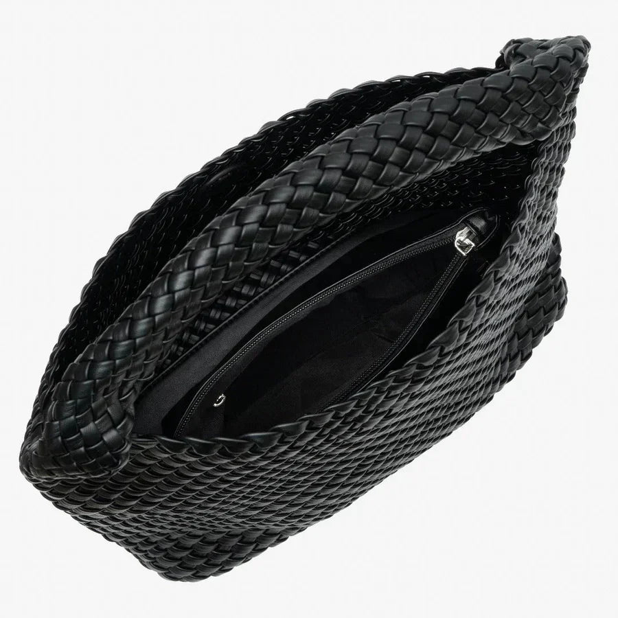 Black woven leather handbag with zippered inner pocket, top view