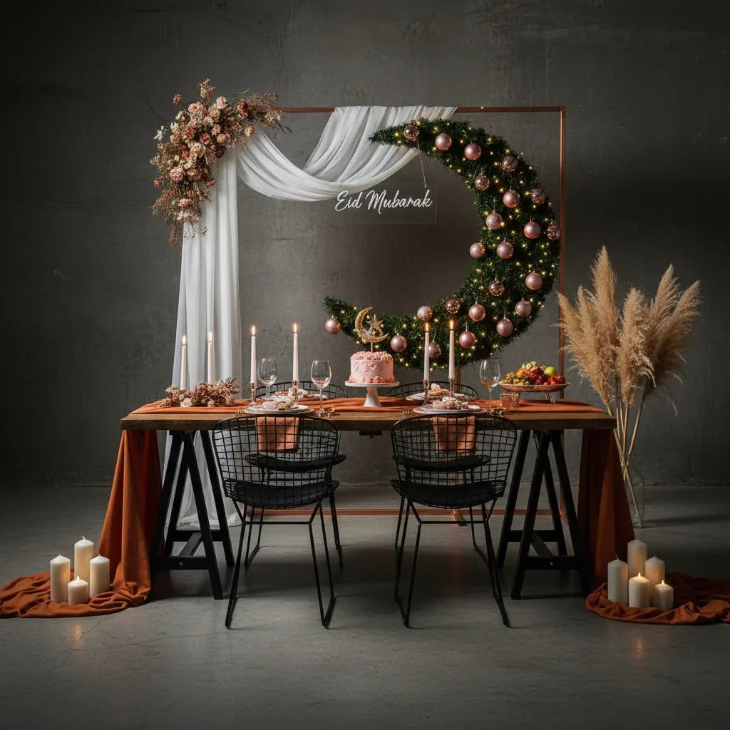 Eid Tree in a Decorated dining table with festive wreath and candles against a dark background
