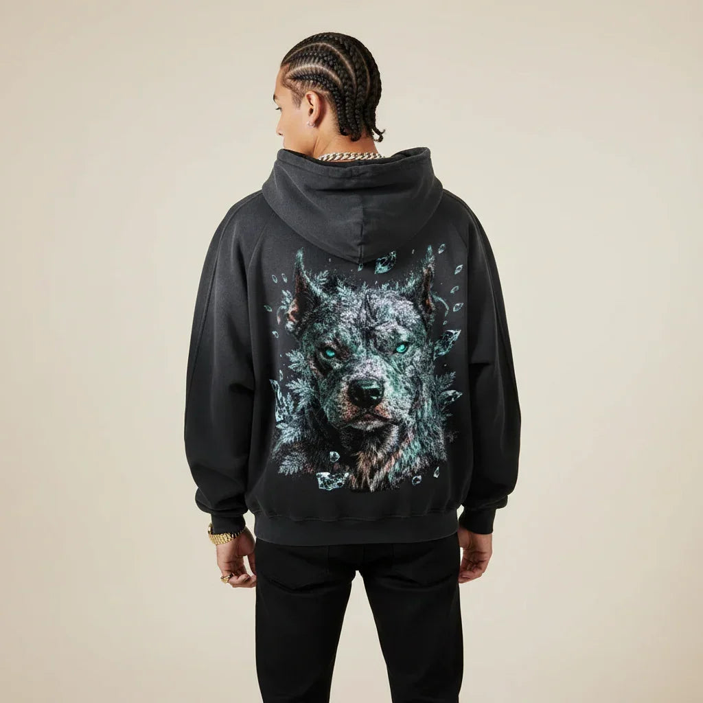 Person wearing a black hoodie with a Pitbull graphic on the back against a plain background
