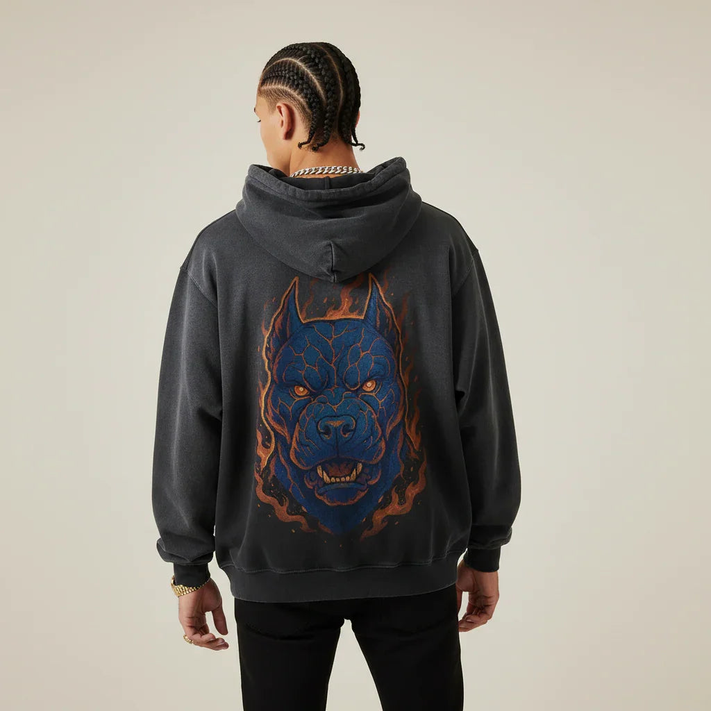 Black Pitbull hoodie with a blue and orange Pitbull graphic on the back against a plain background | Rebooters