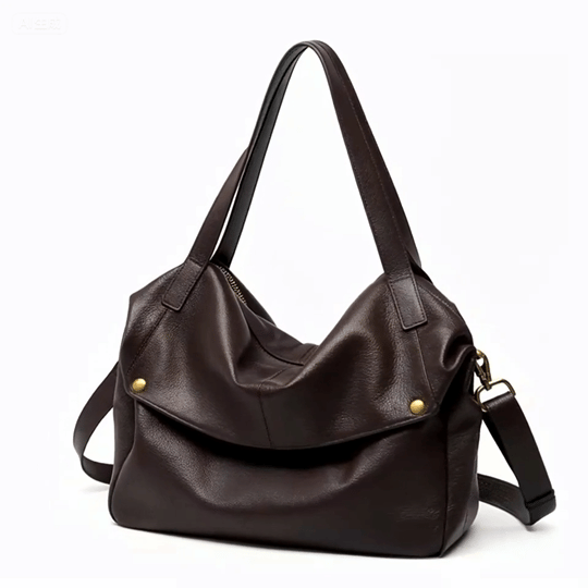 Dark brown leather shoulder bag with gold-tone studs and detachable strap on white background