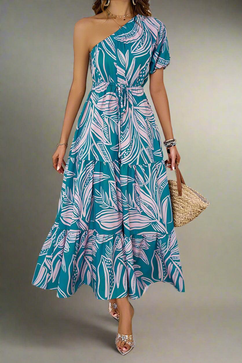 Penelope Statement-Making Puff Sleeve One-Shoulder Maxi Dress for Elegant Occasions - Rebooters -Women's Dresses