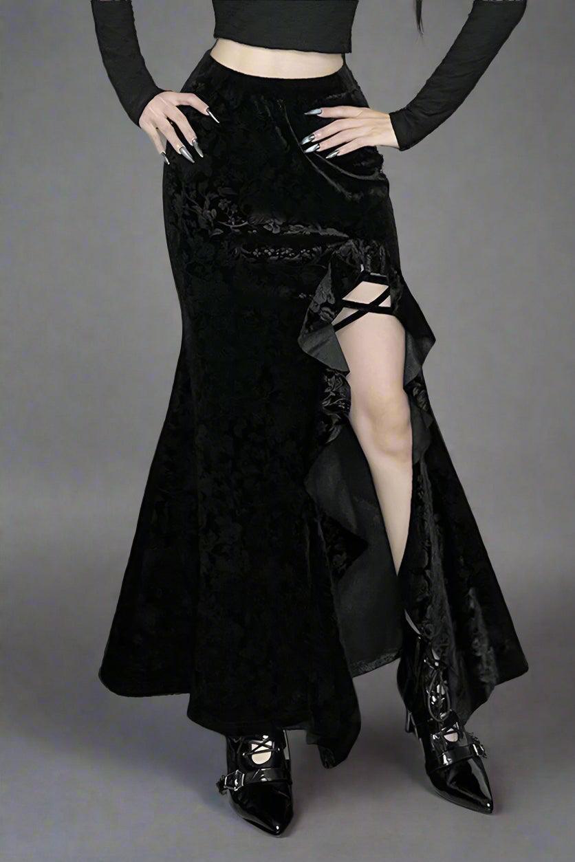Gothic Velvet Slit Skirt with High Slit and Ribbon Details - Rebooters