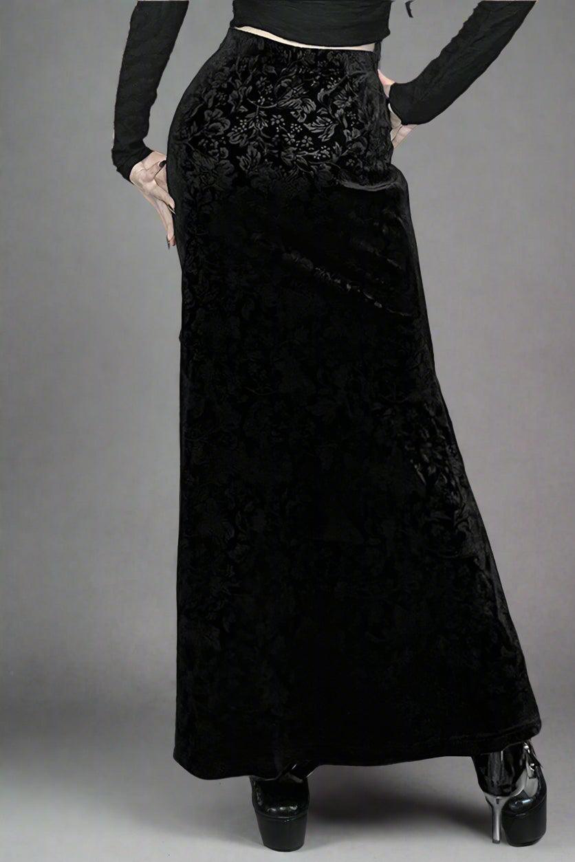 Gothic Velvet Slit Skirt with High Slit and Ribbon Details - Rebooters