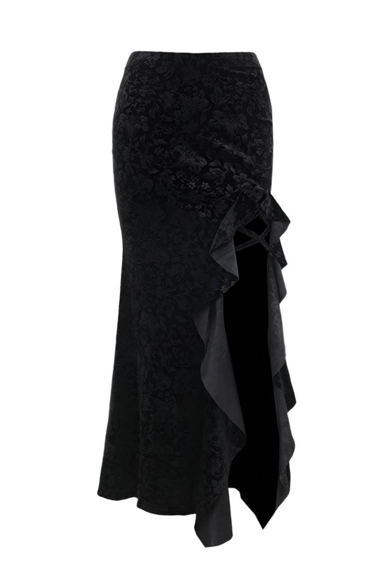 Gothic Velvet Slit Skirt with High Slit and Ribbon Details - Rebooters