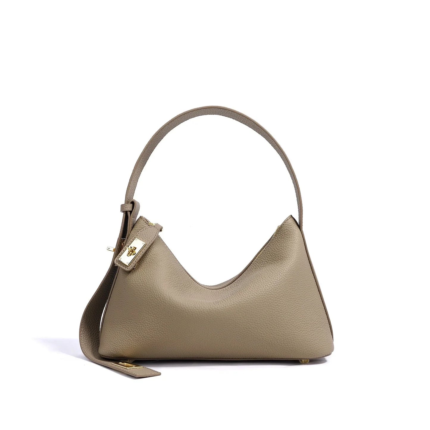 Taupe leather shoulder handbag with gold hardware on white background
