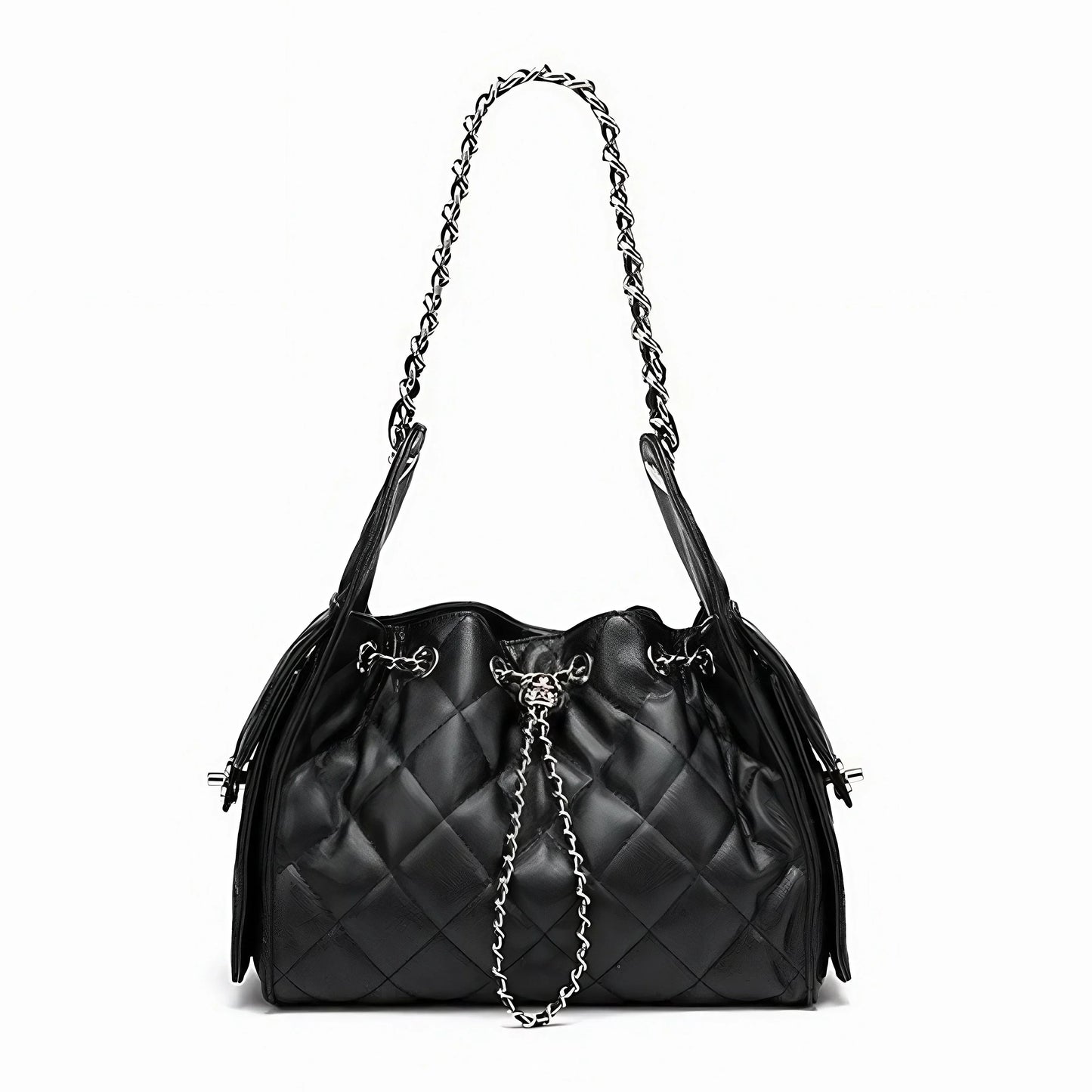 Black quilted leather shoulder bag with chain strap and drawstring closure on white background.