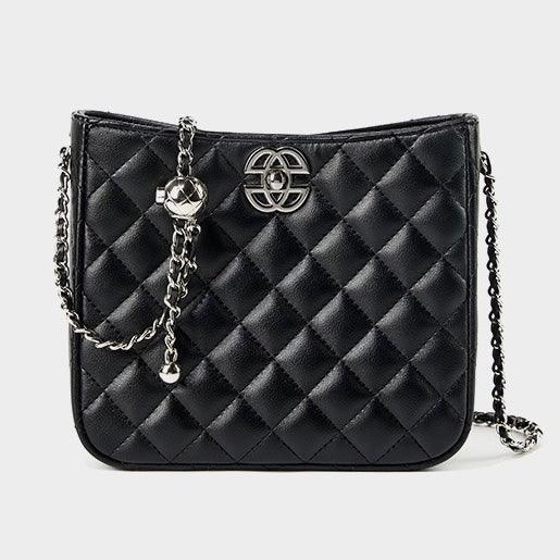 Black quilted leather shoulder bag with chain strap and silver logo on white background