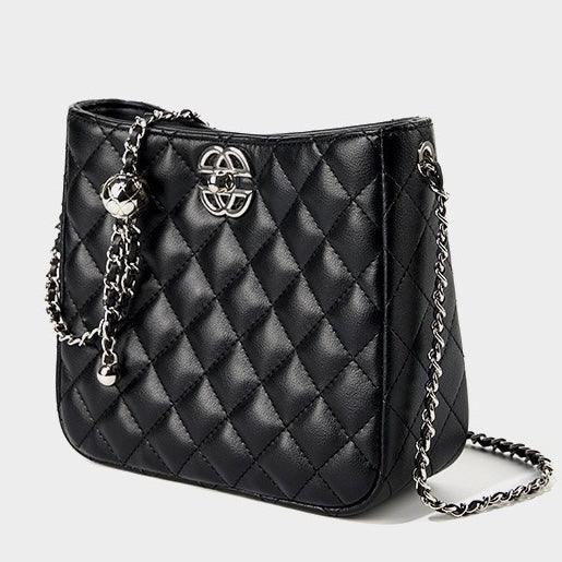Black quilted leather shoulder bag with chain strap and silver logo on front