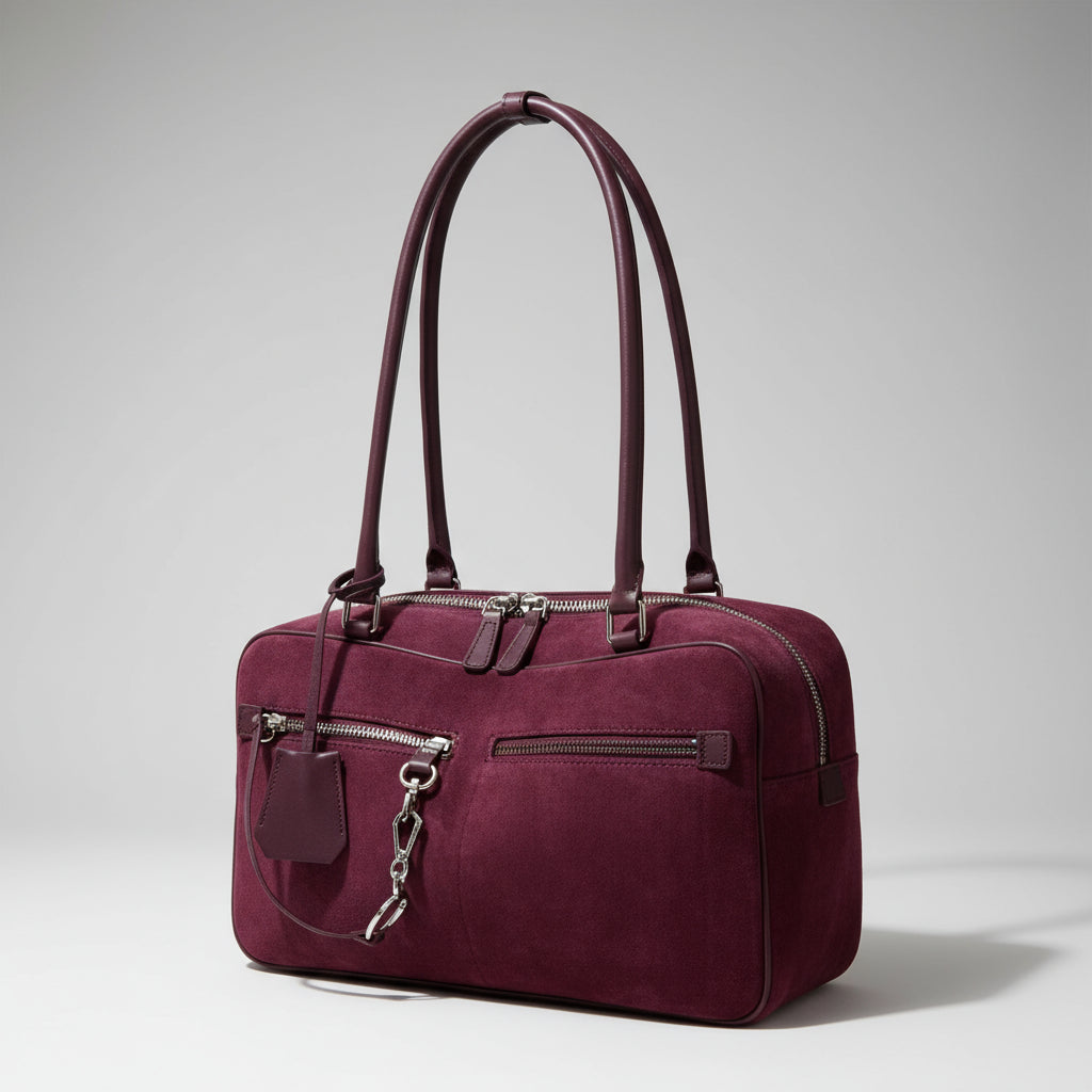 Plum suede handbag with double handles and front zip pockets on a neutral background