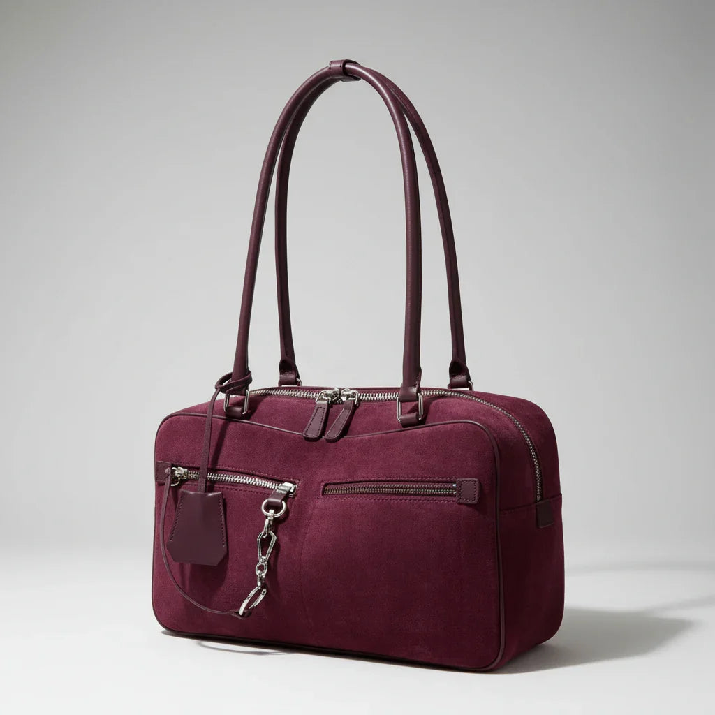 Plum suede handbag with double handles and front zip pockets on a neutral background