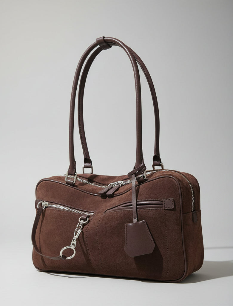 Brown suede handbag with silver zippers and long handles on a light background