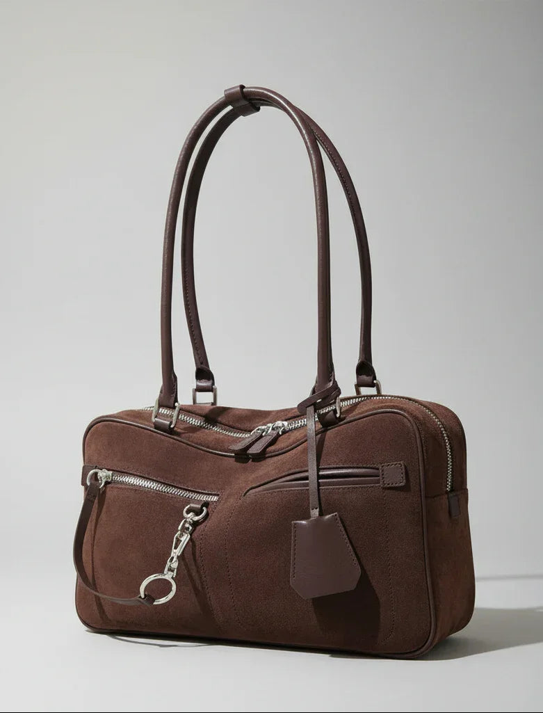 Brown suede handbag with silver zippers and long handles on a light background