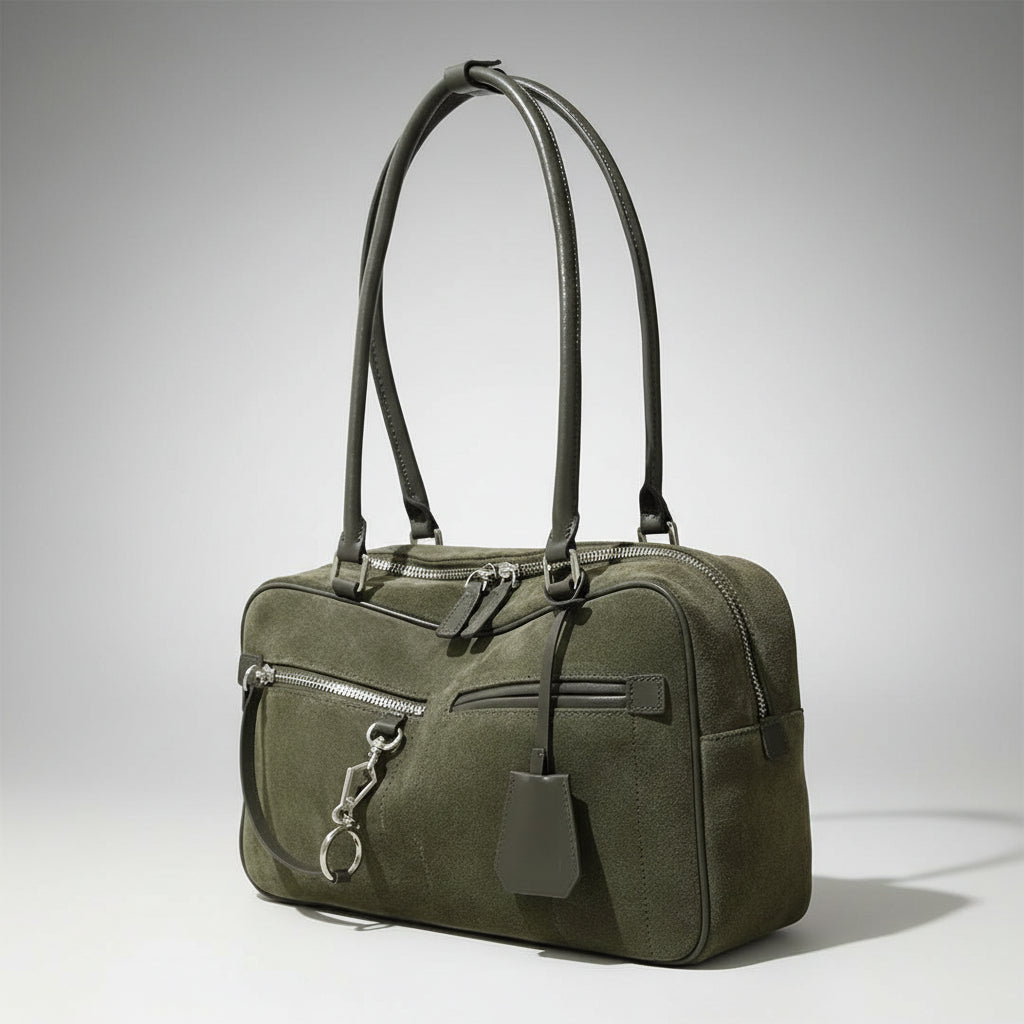 Olive green suede handbag with double handles, front zip pocket, and silver hardware
