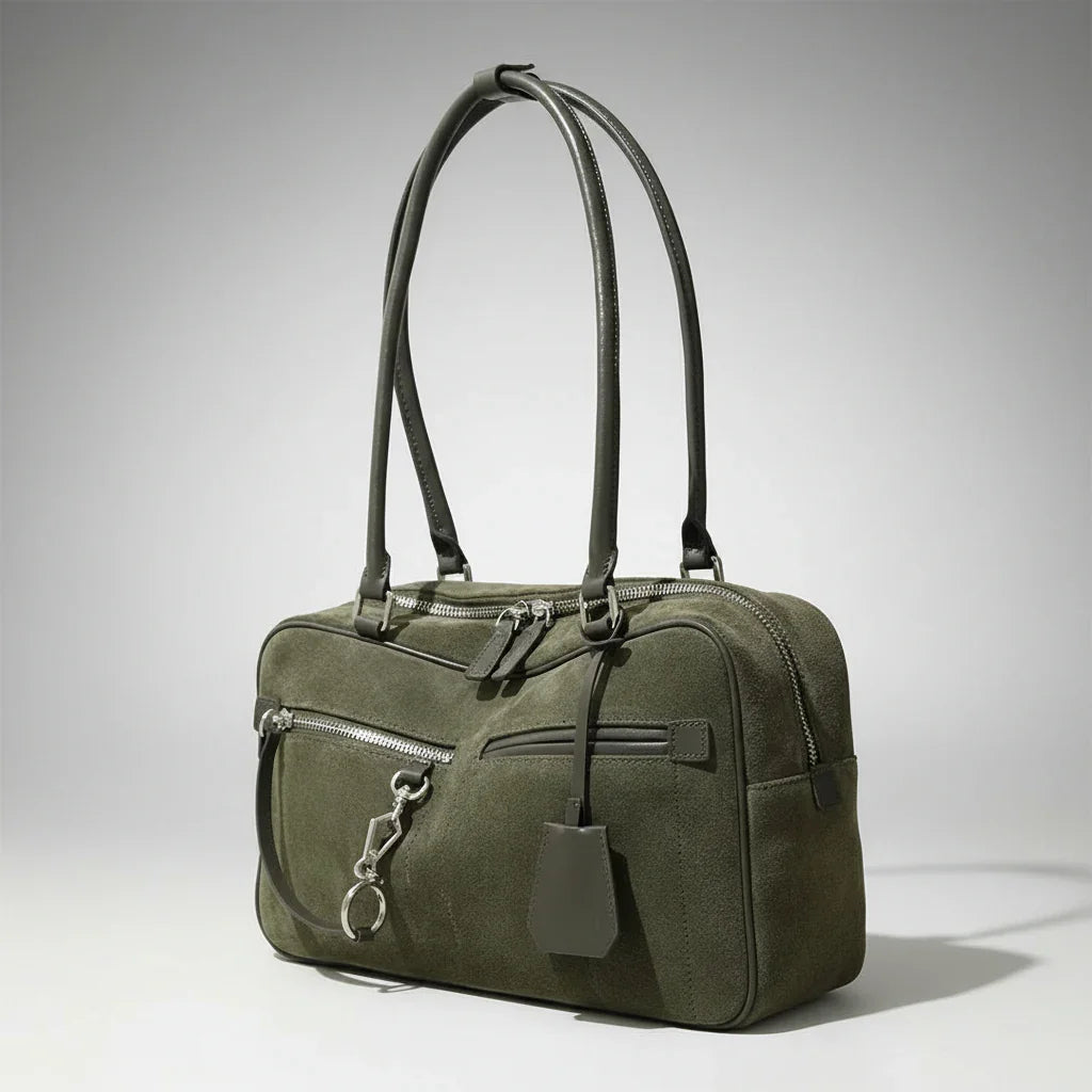 Olive green suede handbag with double handles, front zip pocket, and silver hardware