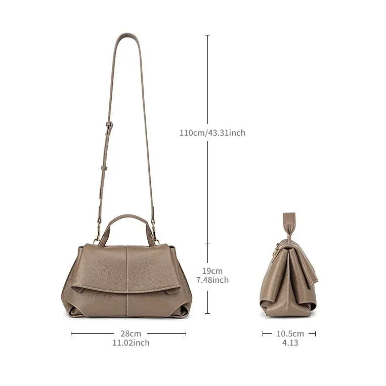 Taupe leather shoulder bag with adjustable strap, front flap, and size dimensions shown