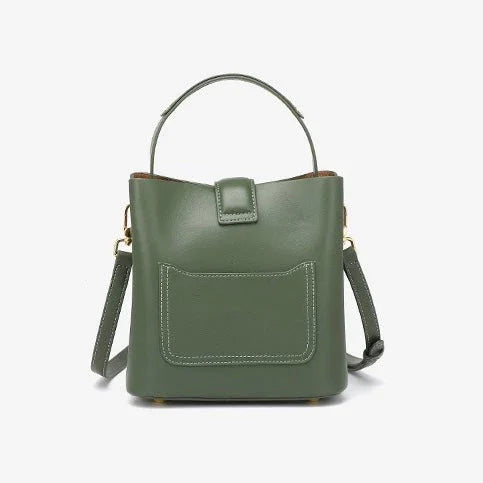 Olive green leather bucket bag with top handle, front pocket, and detachable shoulder strap