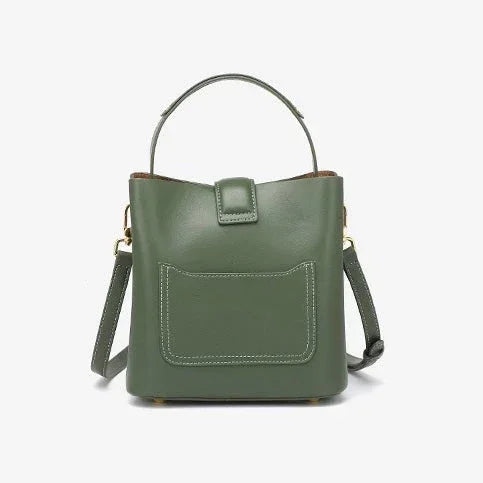 Olive green leather bucket bag with top handle, front pocket, and detachable shoulder strap