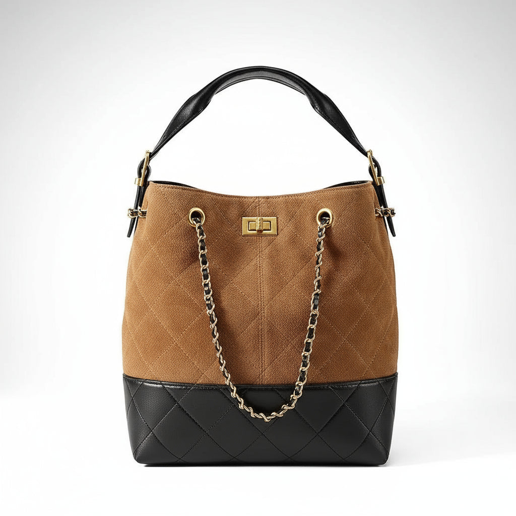 Brown suede and black leather quilted bucket bag with gold chain strap and top handle