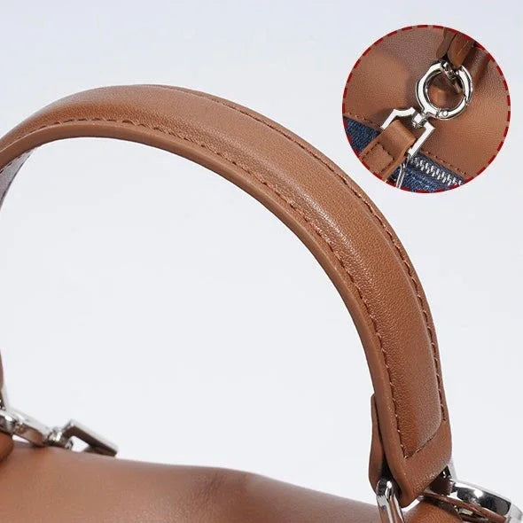Brown leather handbag handle with silver hardware and close-up of zipper ring detail