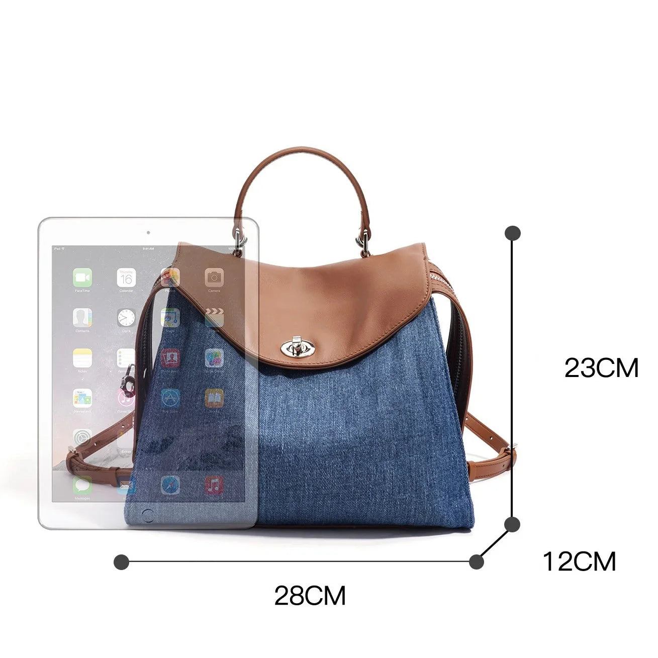 Denim and brown leather backpack with handle, size 28x23x12cm, compared to a tablet
