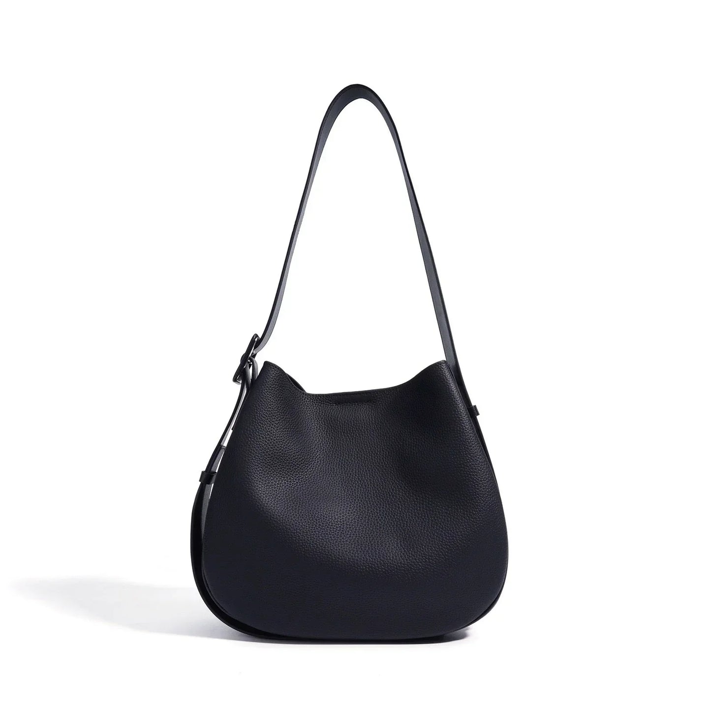 Black leather shoulder bag with pebbled texture on white background