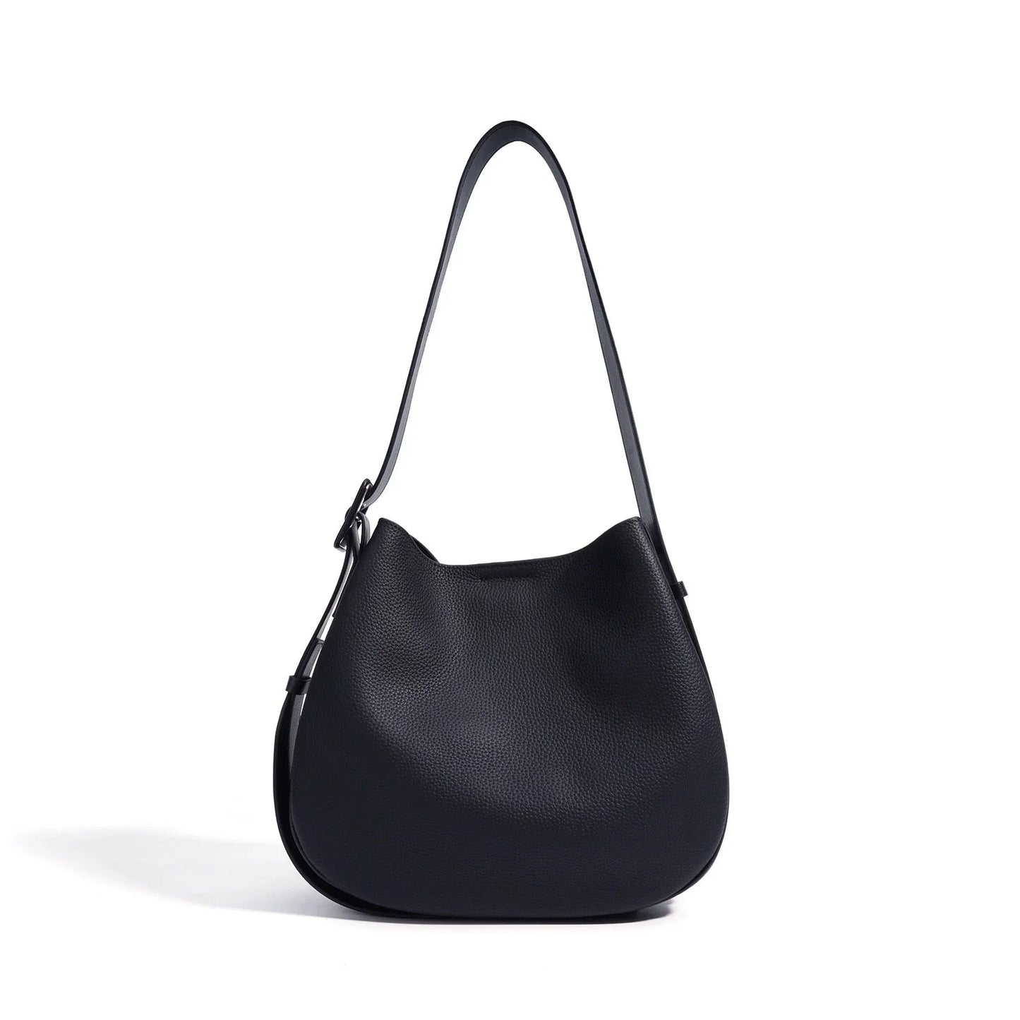 Black leather shoulder bag with pebbled texture on white background
