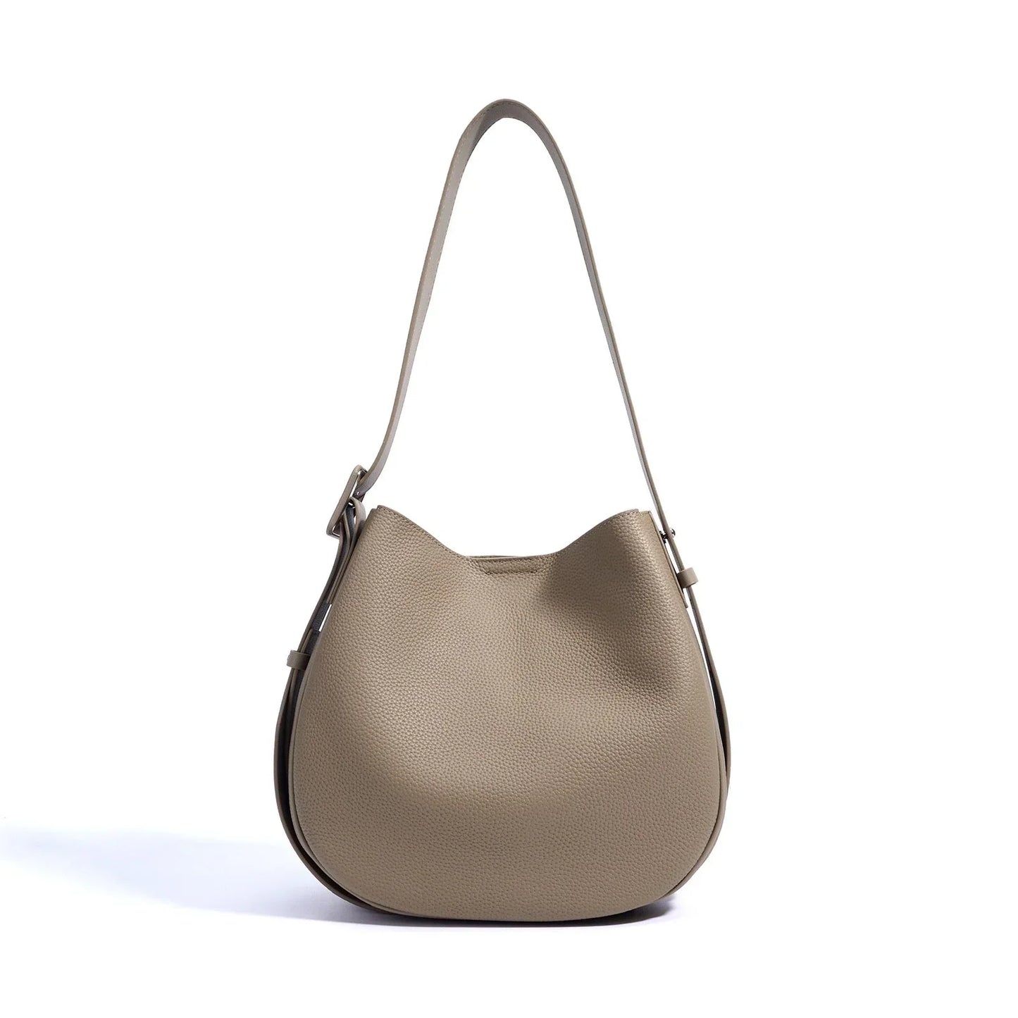 Taupe leather shoulder bag with textured finish on a white background
