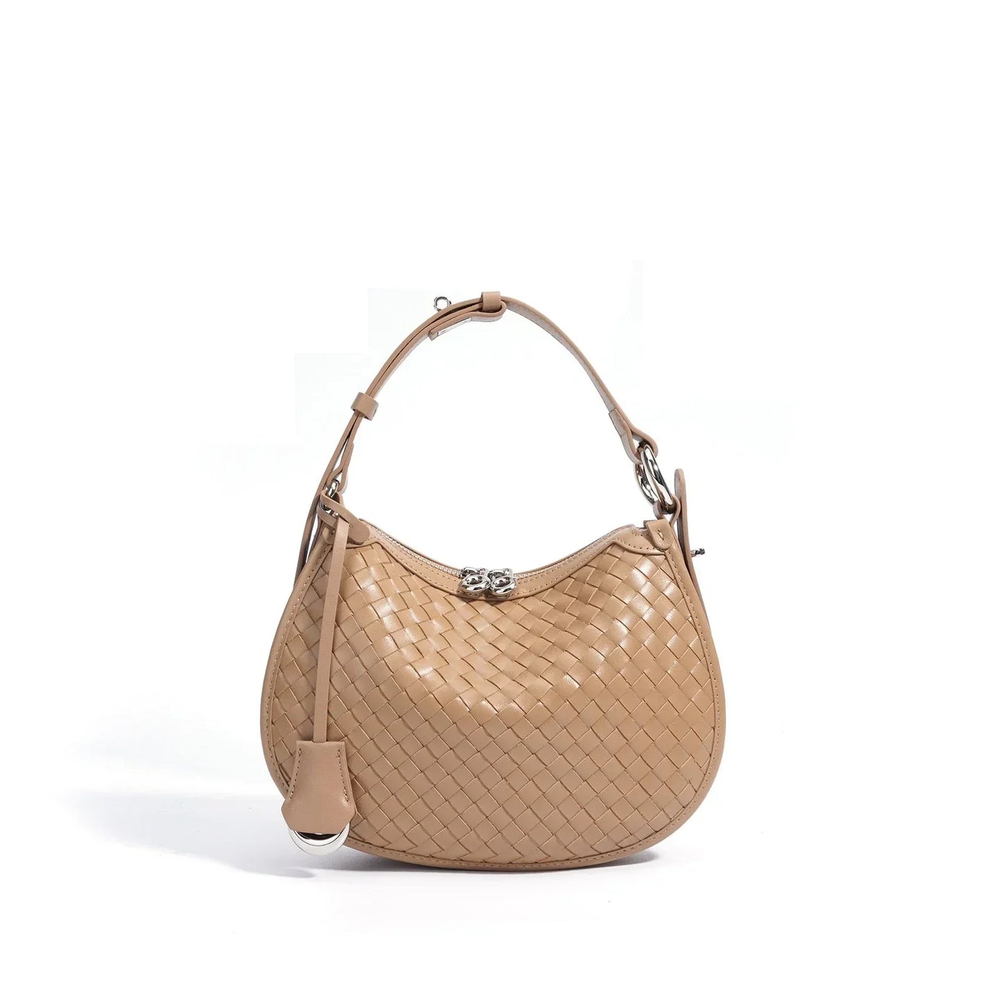 Beige woven leather hobo bag with top handle and silver clasp on white background