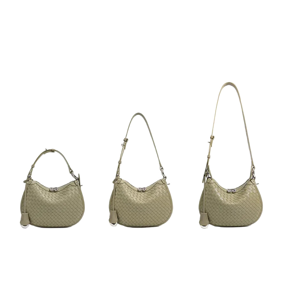 Olive green woven shoulder bag with adjustable strap shown in three different lengths