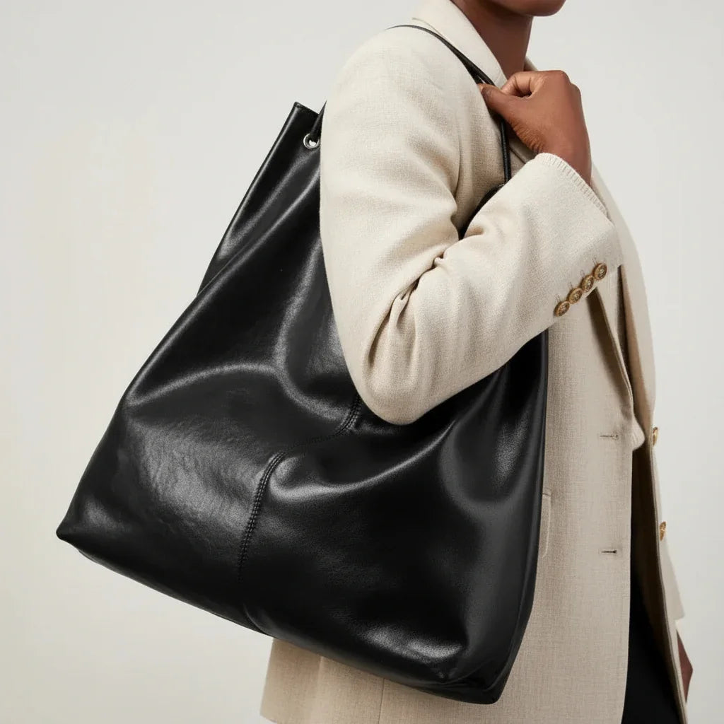 Woman in beige blazer carrying a large black leather tote bag