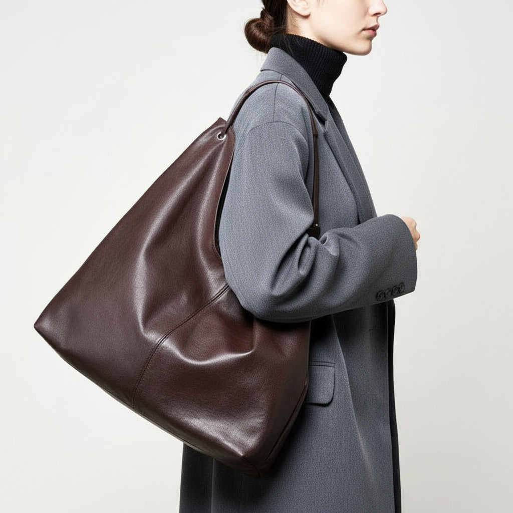 Large brown leather shoulder bag on person in gray coat