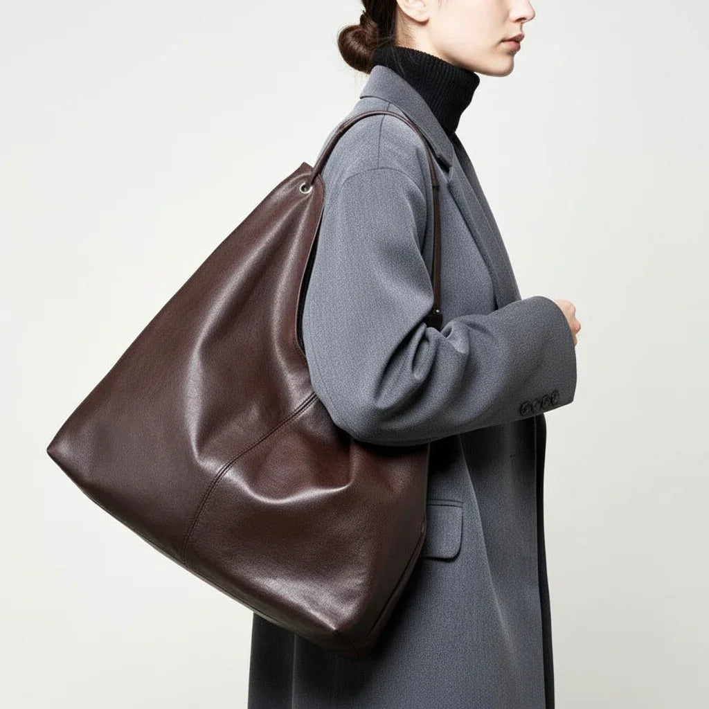 Large brown leather shoulder bag on person in gray coat