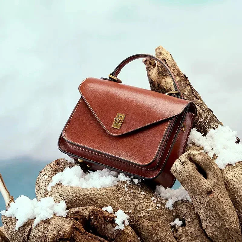 Brown leather handbag with gold clasp on driftwood and snow, winter fashion accessory