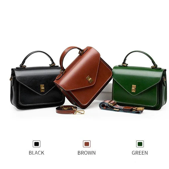 Three leather handbags in black, brown, and green with gold clasps and detachable straps.