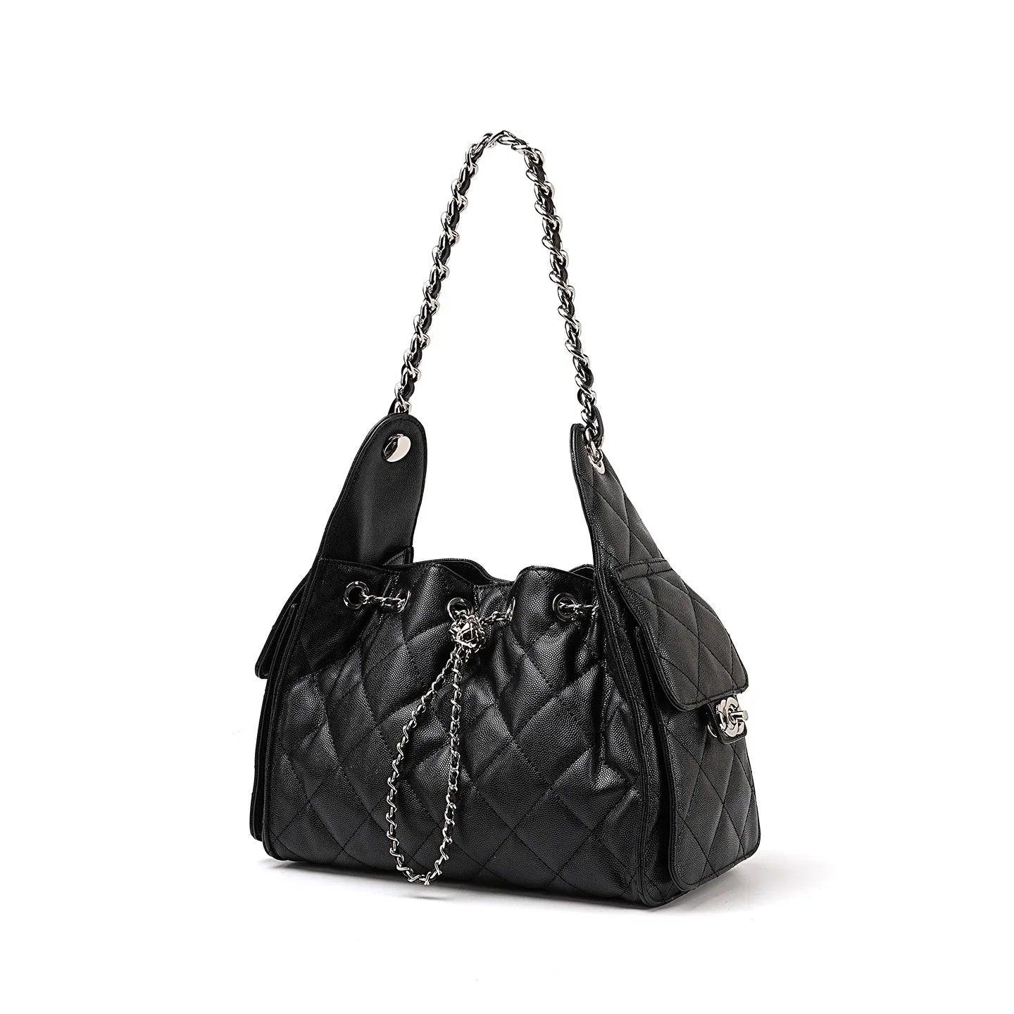 Black quilted leather handbag with chain strap and silver accents on white background