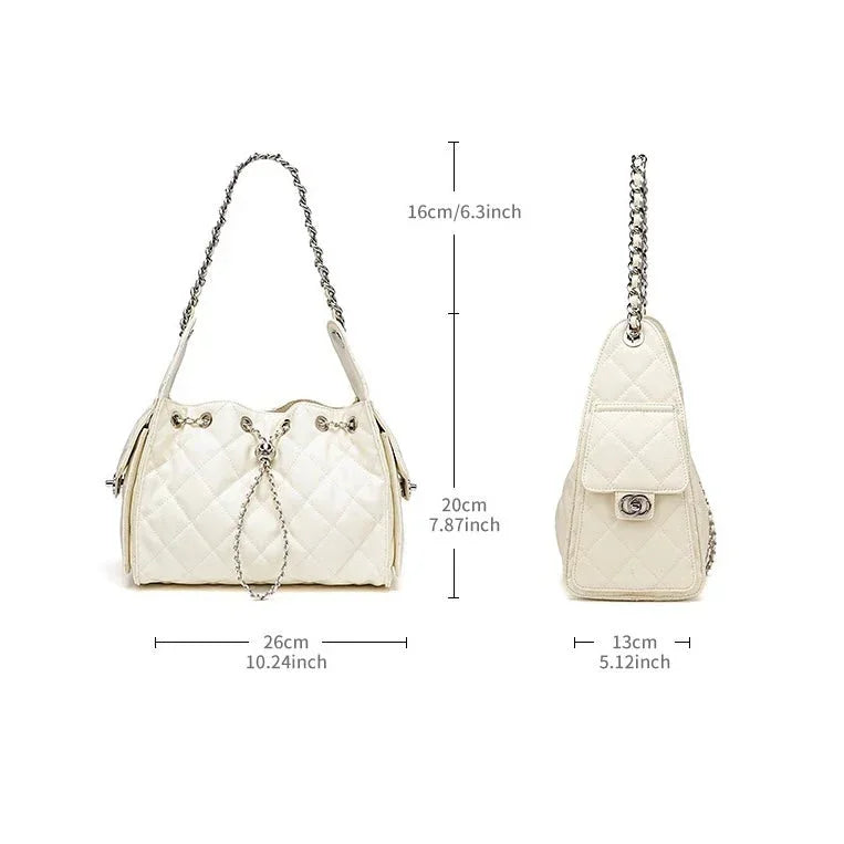 White quilted handbag with chain strap, shown front and side, bag dimensions labeled