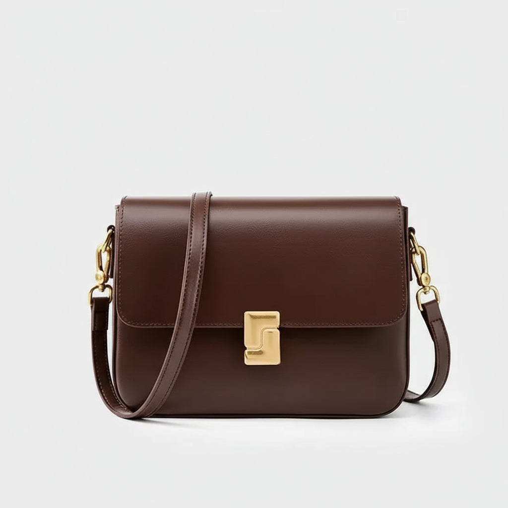 Brown leather crossbody bag with gold clasp and hardware on a white background