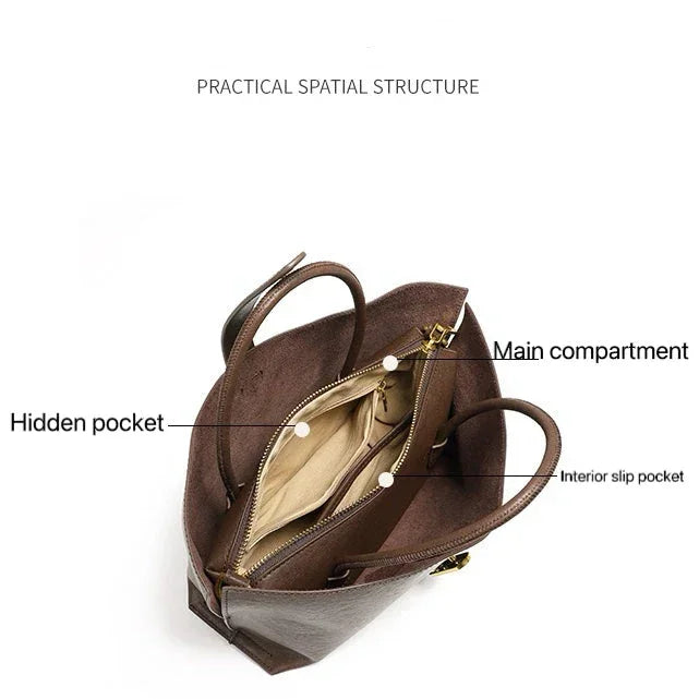 Brown leather tote bag with labeled main compartment, hidden pocket, and interior slip pocket