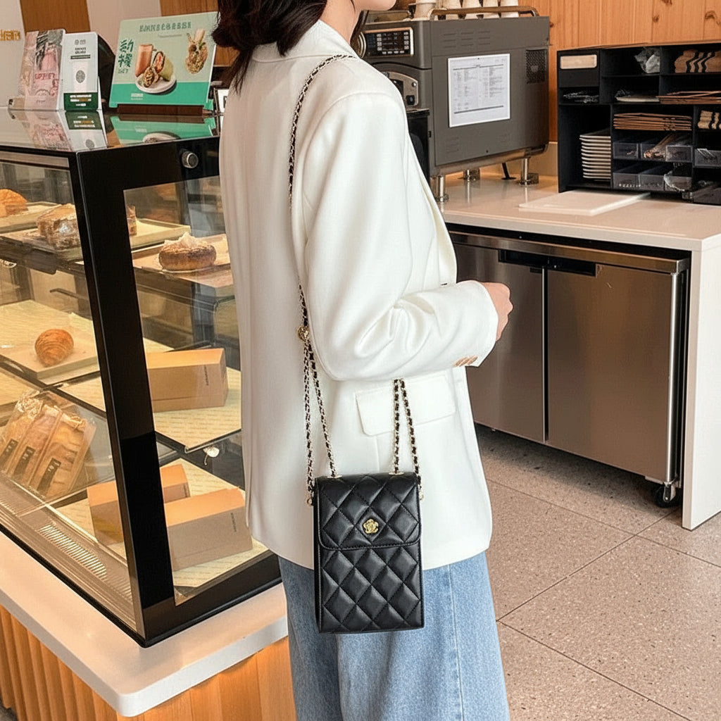 Woman in white blazer with black quilted crossbody purse at bakery counter